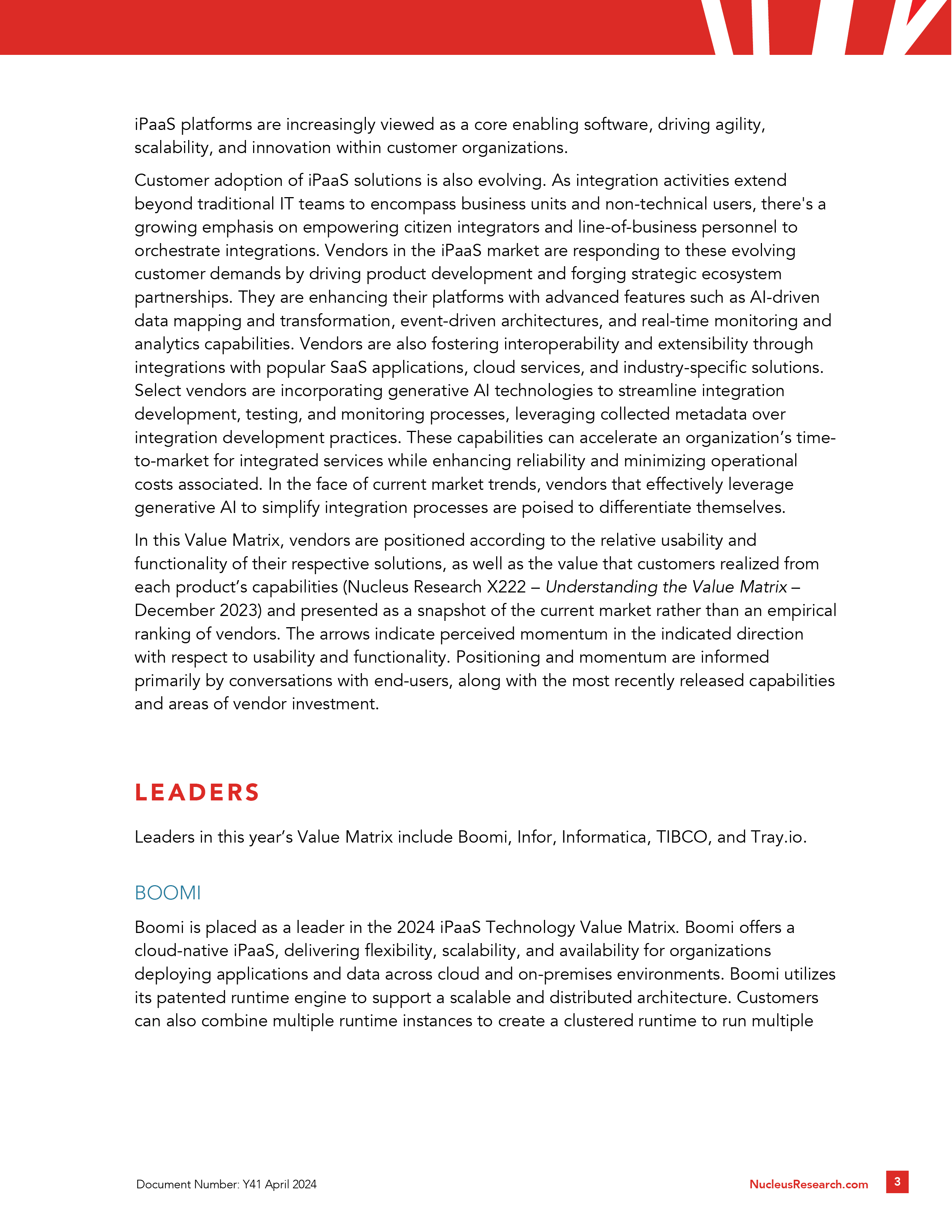 Informatica named a leader in the 2024 iPaaS Technology Value Matrix
