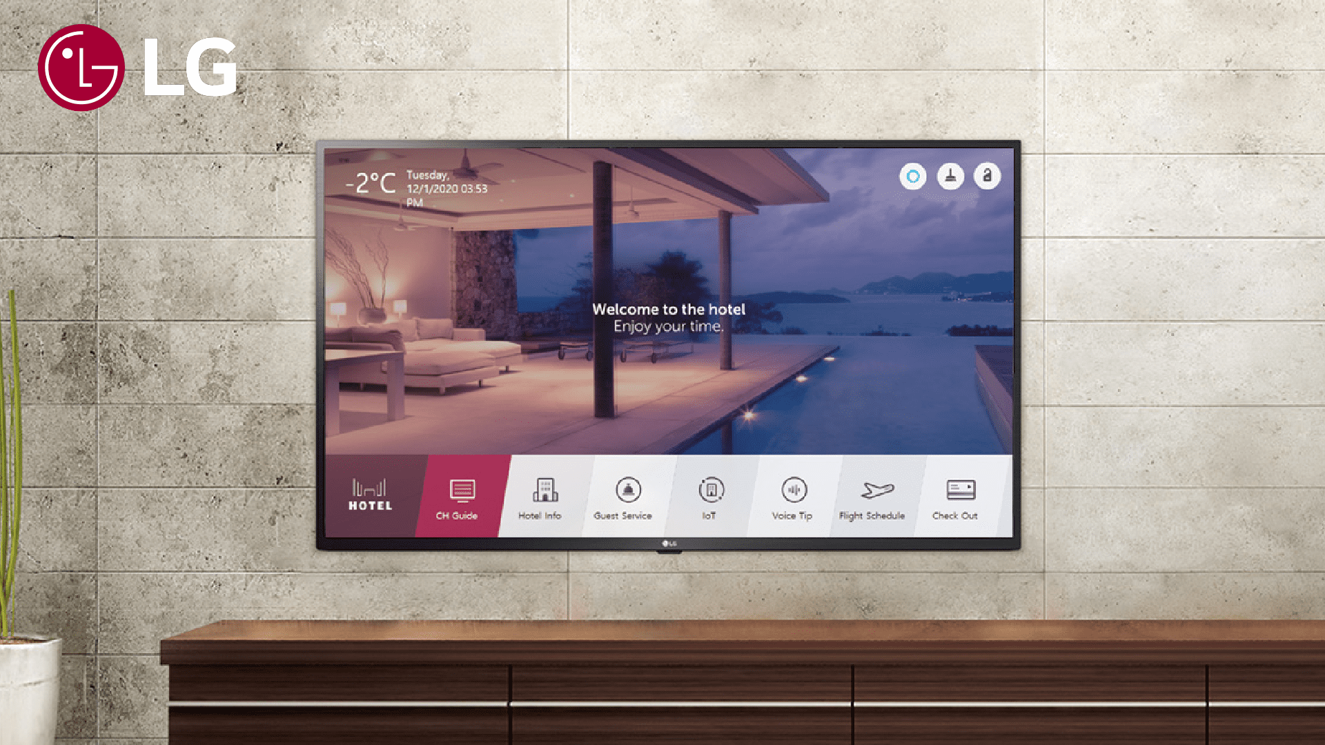 LG’s new Google Cast-enabled hotel TV displaying a streaming service interface with a QR code for seamless guest access.